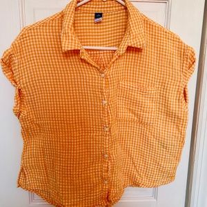 Short-Sleeved Oversized Cropped Crinkled Gingham Shirt